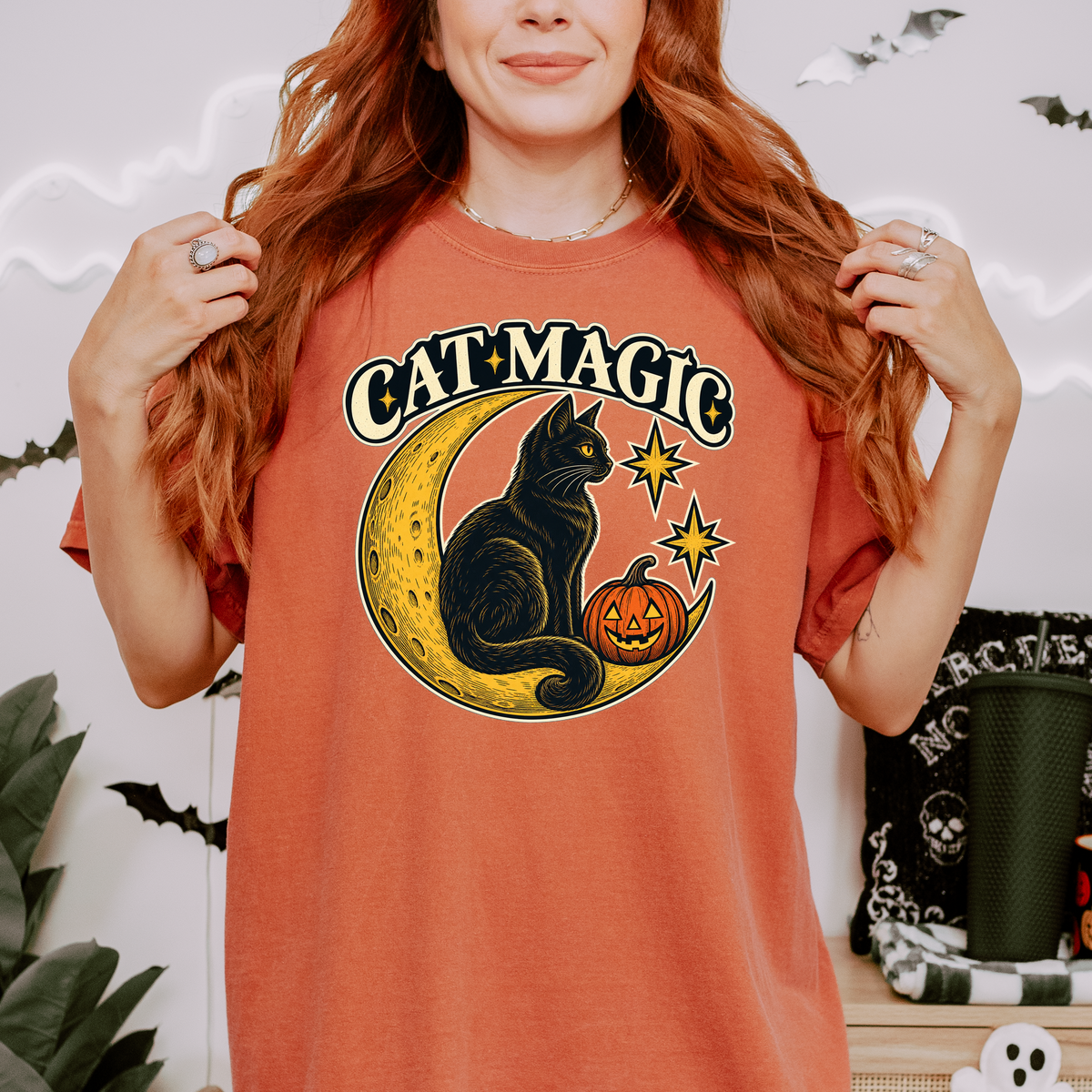 Black Cat Halloween T-Shirt, Cat Magic Crescent Moon, Celestial Pumpkin Art, Antique Linework, Comfort Colors
