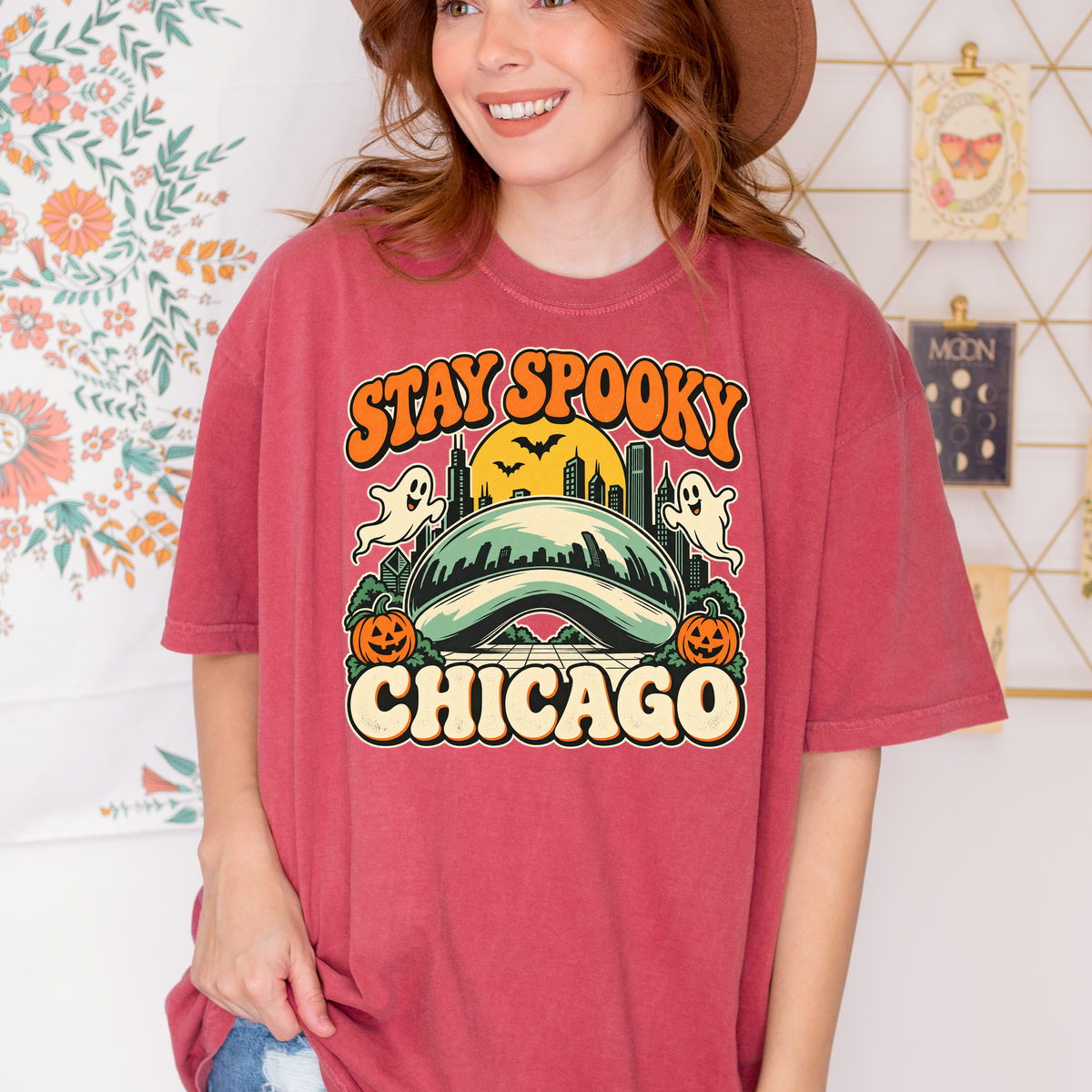 Chicago Halloween T-Shirt, Illinois Cloud Gate Retro Cartoon, Stay Spooky Pumpkin Ghost Comfort Colors Souvenir