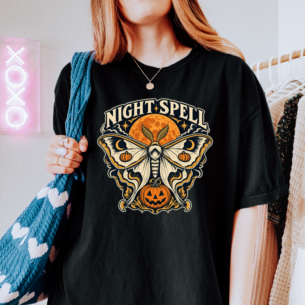 Moon Moth Halloween T-Shirt, Night Spell Pumpkin and Orange Moon, Celestial Gothic Art, Comfort Colors