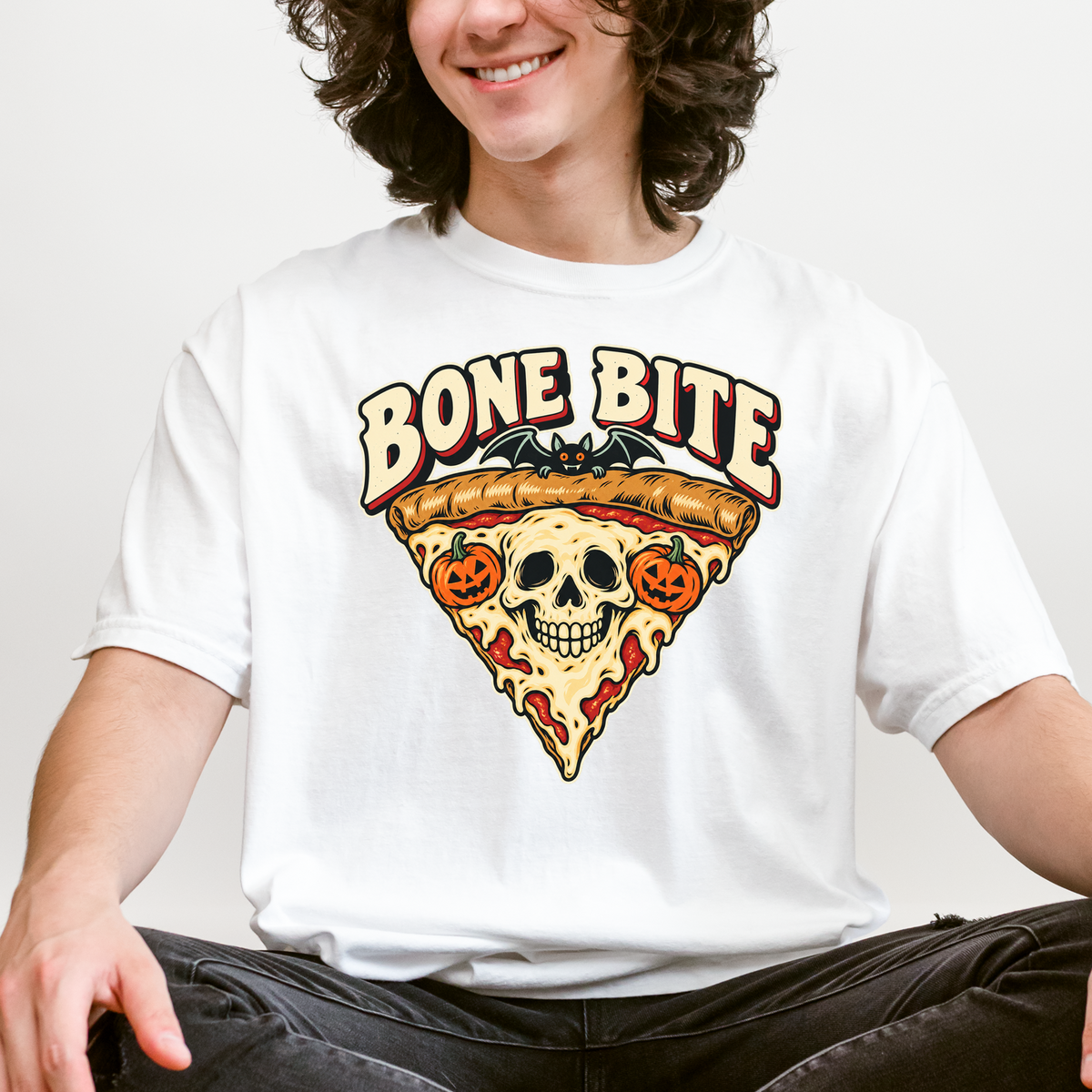 Skeleton Pizza Halloween T-shirt, Bone Bite Retro Diner Skull Slice, Pumpkin and Bat Comfort Colors