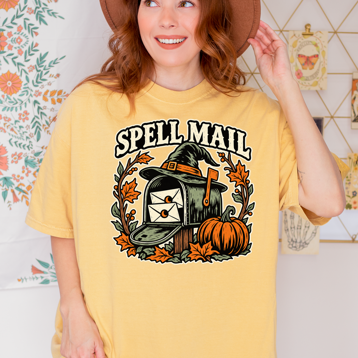Witch Mailbox Halloween T-Shirt, Spell Mail with Pumpkin, Woodcut Folk Art, Comfort Colors Spooky Season