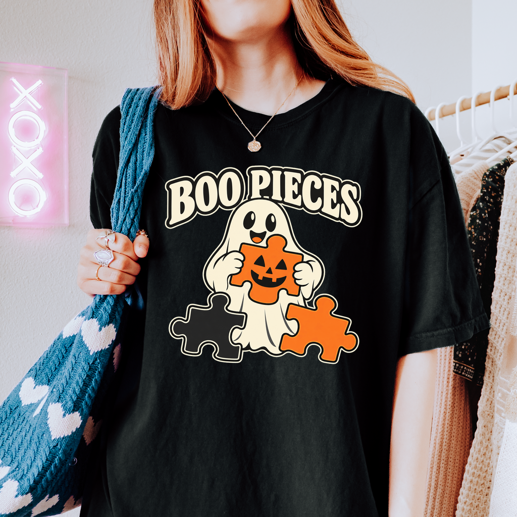 Ghost Halloween T-Shirt, Boo Pieces Pumpkin Puzzle Design, Minimalist Spooky Season, Comfort Colors
