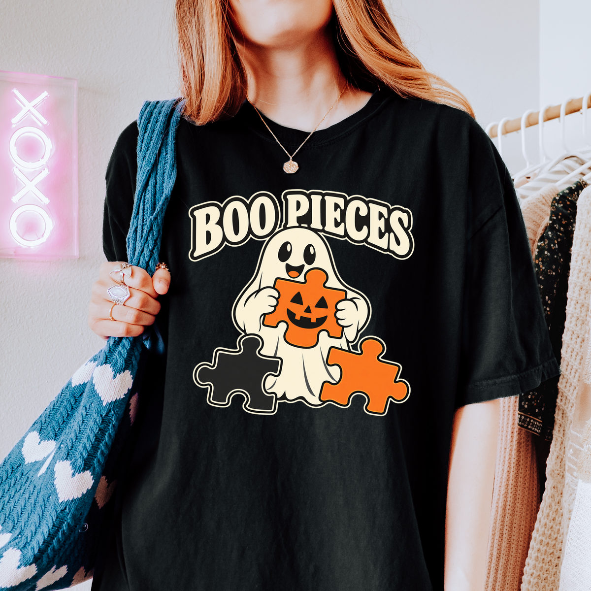 Ghost Halloween T-Shirt, Boo Pieces Pumpkin Puzzle Design, Minimalist Spooky Season, Comfort Colors