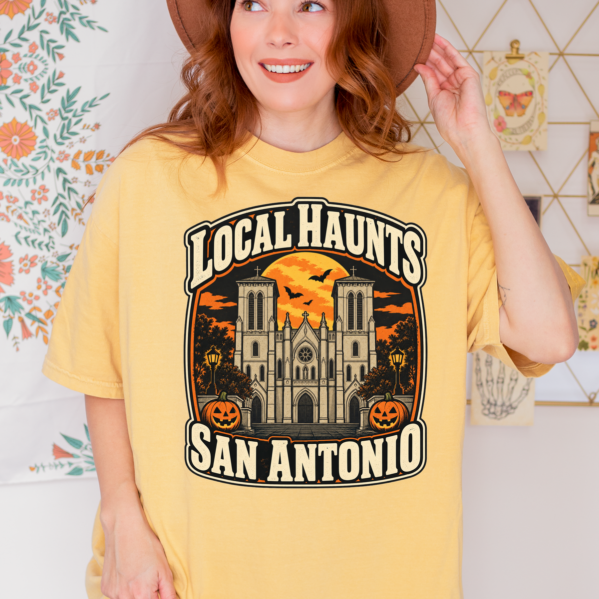 San Antonio Halloween T-Shirt, San Fernando Cathedral, Comfort Colors Retro Souvenir, Harvest Moon and Pumpkins
