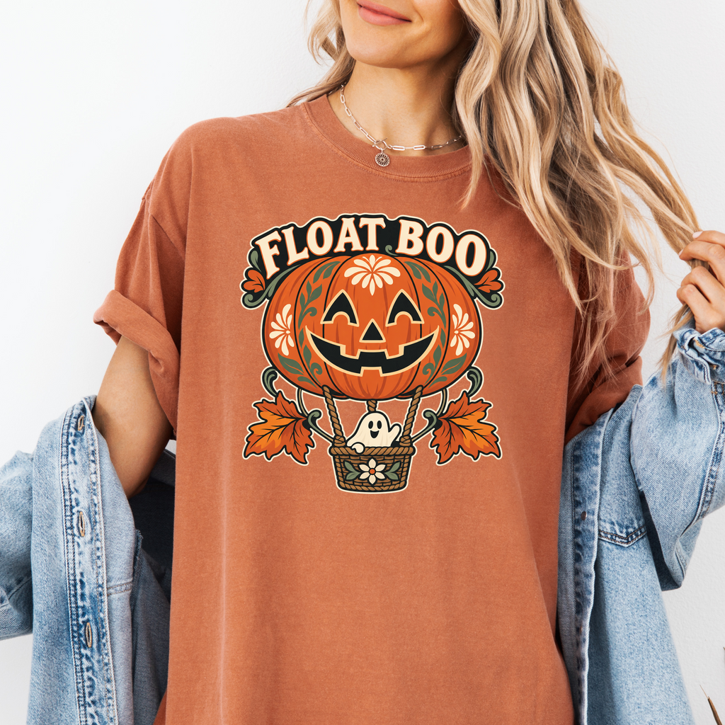 Pumpkin Hot Air Balloon Halloween T-Shirt, Friendly Ghost Basket, Folk Art Spooky Season, Comfort Colors
