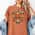 Pumpkin Hot Air Balloon Halloween T-Shirt, Friendly Ghost Basket, Folk Art Spooky Season, Comfort Colors