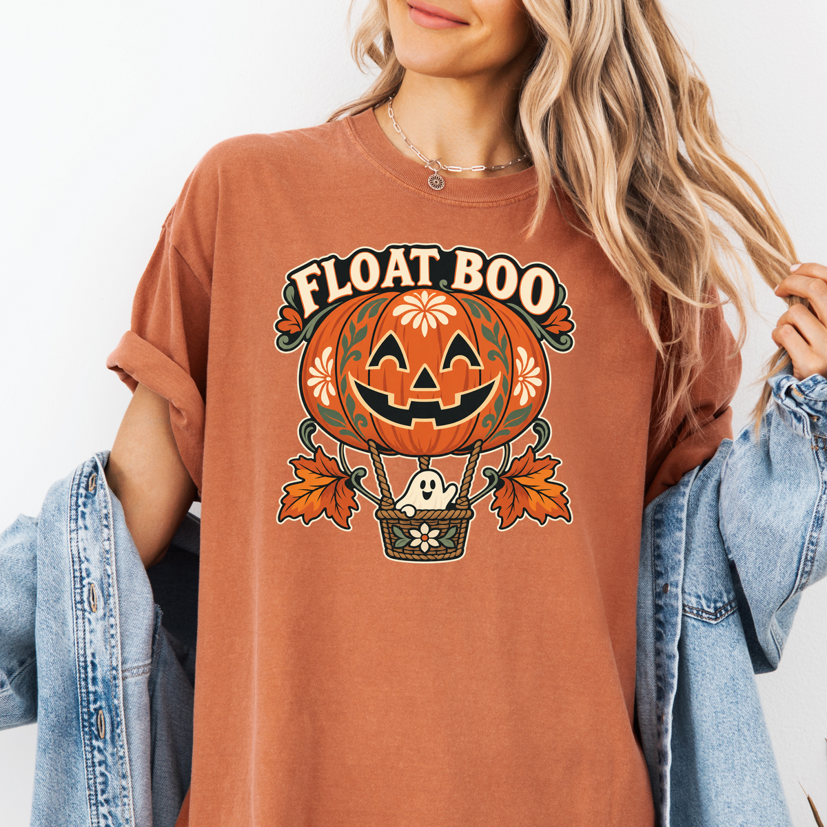 Pumpkin Hot Air Balloon Halloween T-Shirt, Friendly Ghost Basket, Folk Art Spooky Season, Comfort Colors