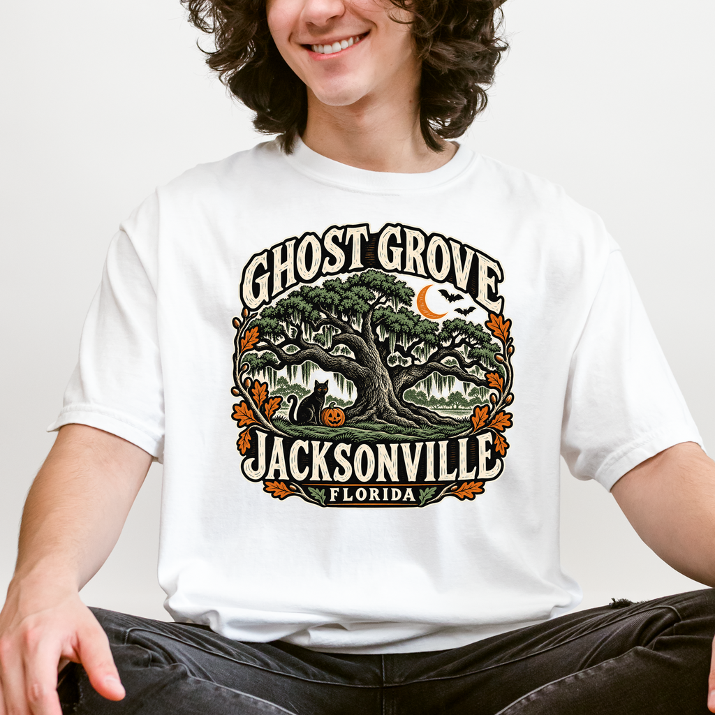 Jacksonville Halloween T-Shirt, Treaty Oak Black Cat and Pumpkin Folk Art, Florida Souvenir, Comfort Colors