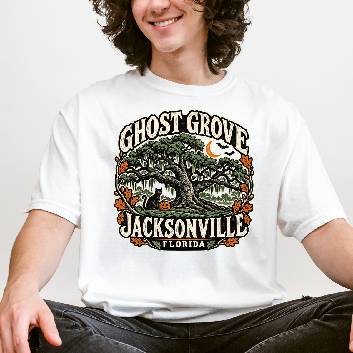 Jacksonville Halloween T-Shirt, Treaty Oak Black Cat and Pumpkin Folk Art, Florida Souvenir, Comfort Colors