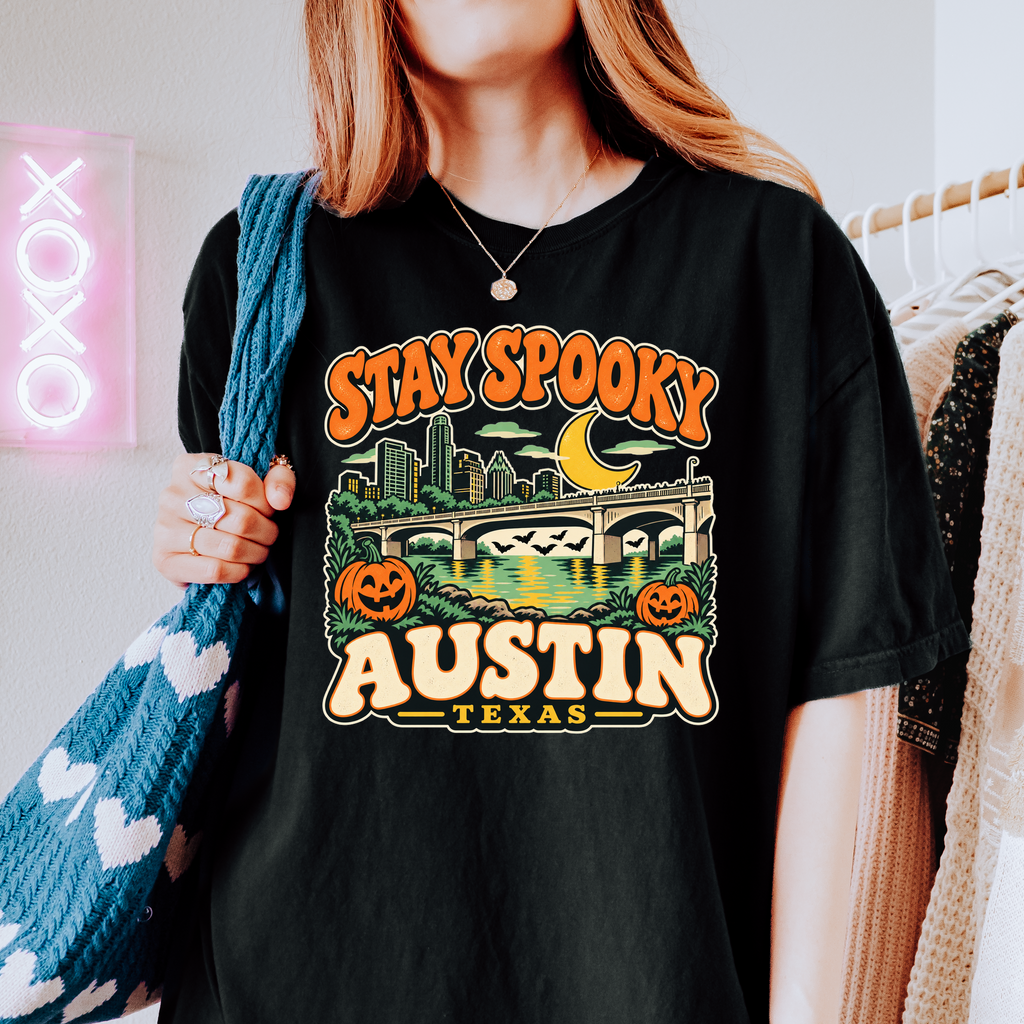 Austin Halloween T-Shirt, Congress Avenue Bridge Bats and Pumpkins, Retro Texas Souvenir, Comfort Colors