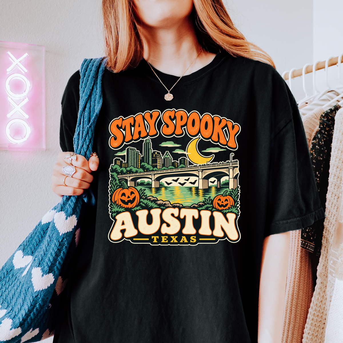 Austin Halloween T-Shirt, Congress Avenue Bridge Bats and Pumpkins, Retro Texas Souvenir, Comfort Colors