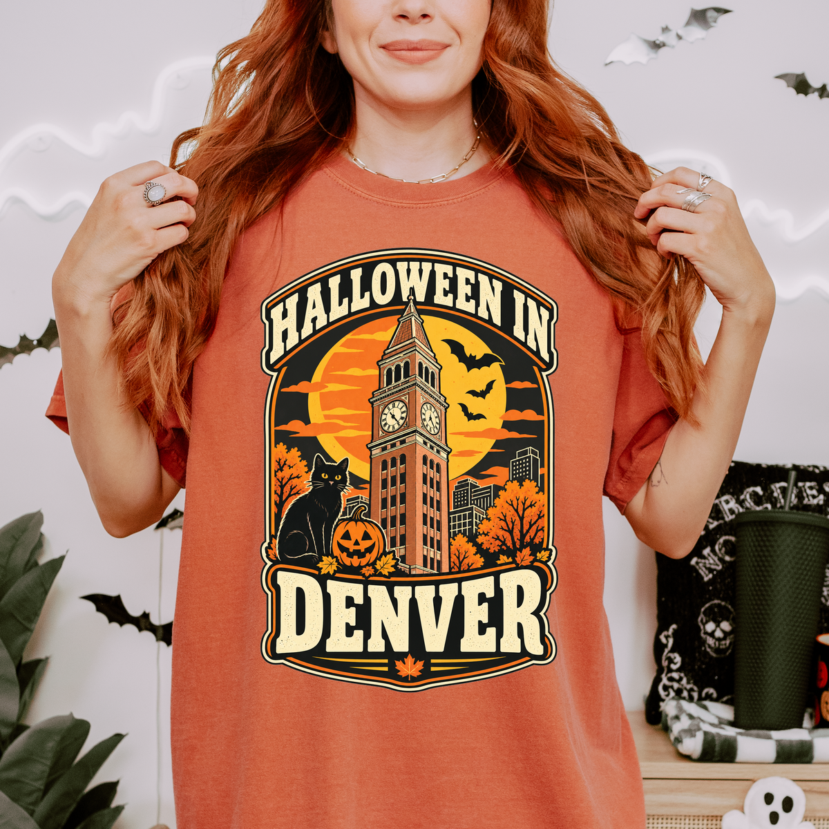 Denver Halloween T-Shirt, Daniels and Fisher Tower, Comfort Colors, Retro Black Cat and Pumpkin Souvenir