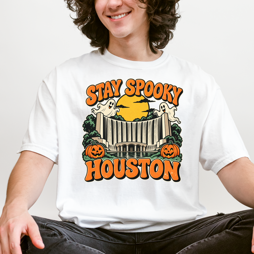 Houston Halloween T-Shirt, Gerald D. Hines Waterwall, Retro Ghost and Pumpkin Art, Comfort Colors Texas Souvenir