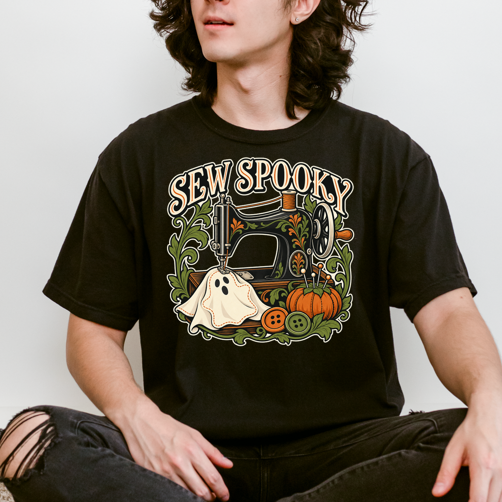 Sewing Machine Halloween T-Shirt, Sew Spooky Ghost Patch, Art Nouveau Pumpkin Design, Comfort Colors