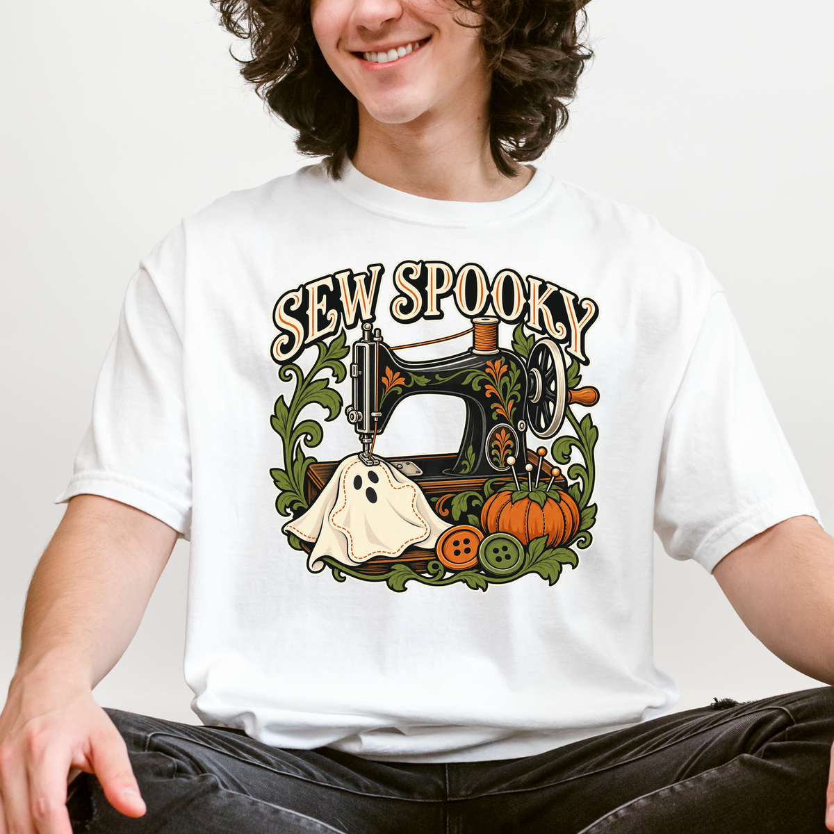 Sewing Machine Halloween T-Shirt, Sew Spooky Ghost Patch, Art Nouveau Pumpkin Design, Comfort Colors