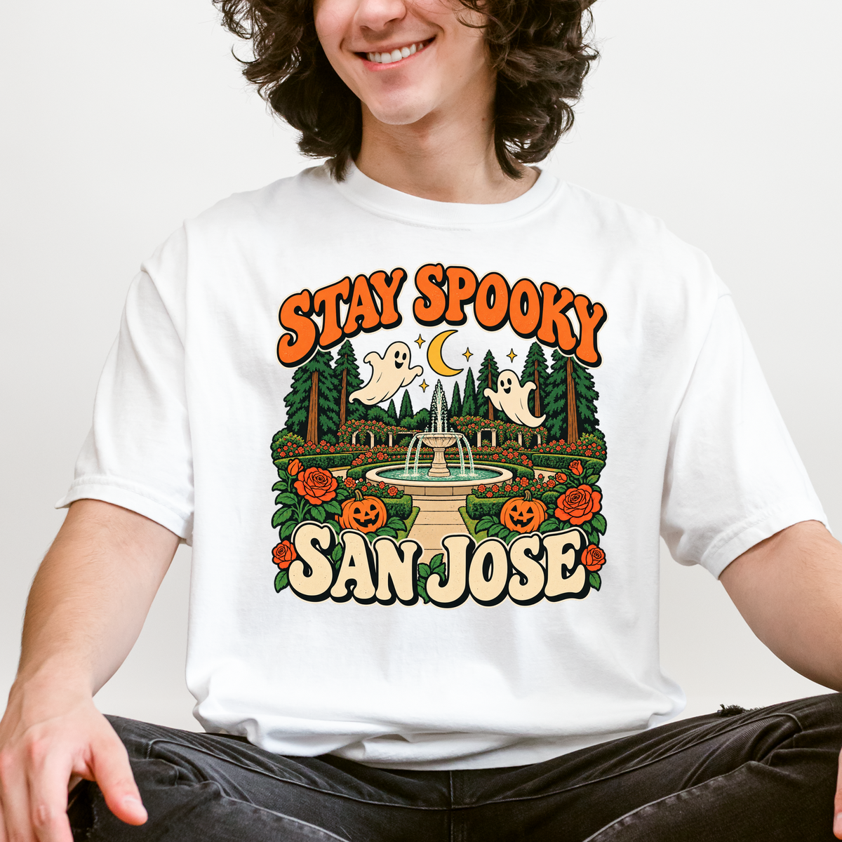 San Jose Halloween T-Shirt, San Jose Municipal Rose Garden Ghosts, Retro 1950s Cartoon, Comfort Colors California Souvenir
