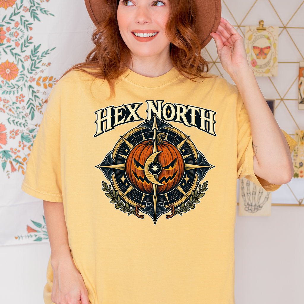 Witch Compass Halloween T-Shirt, Hex North Pumpkin Crescent Design, Celestial Gothic Art, Comfort Colors