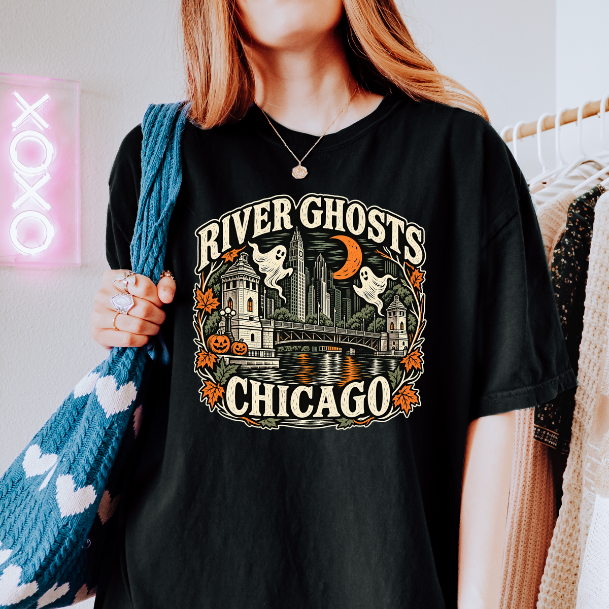 Chicago Halloween T-Shirt, DuSable Bridge River Ghosts, Comfort Colors Folk Art, Illinois Spooky Season Souvenir