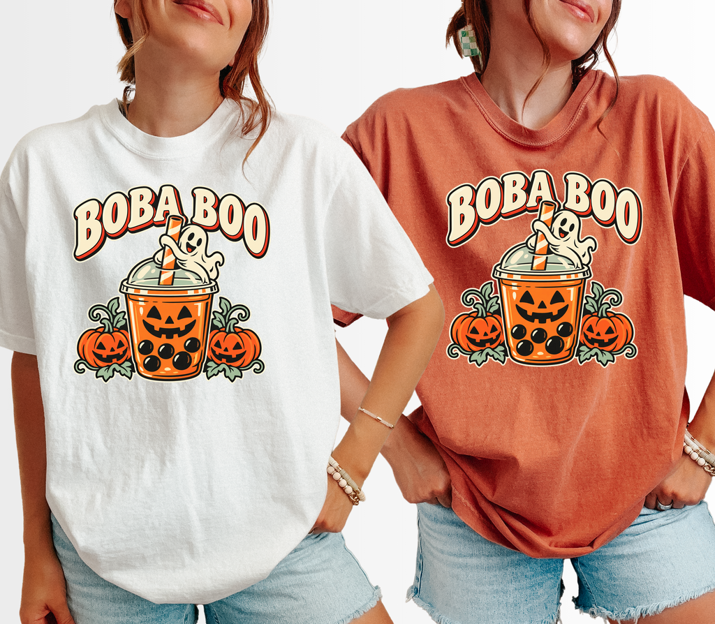 Pumpkin Boba Halloween T-Shirt, Boba Boo Ghost Cup, Retro Diner Spooky Season Art, Comfort Colors